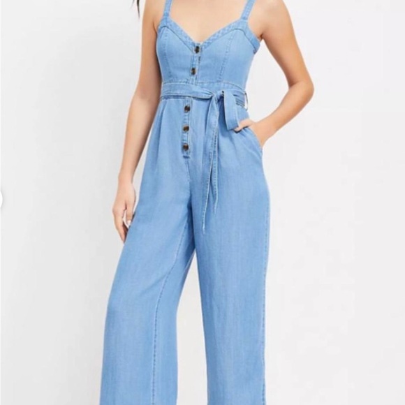 LOFT Blue Denim Overalls with Tie Waist - Picture 1 of 4